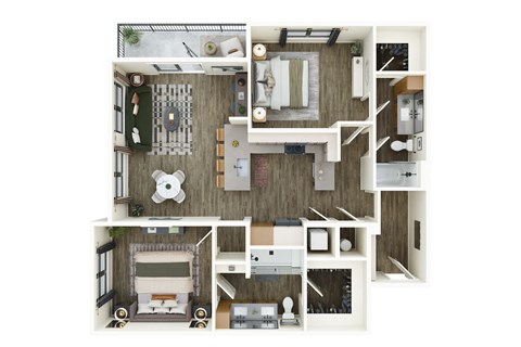 A top-down view of a small apartment with a kitchen, living room, and bathroom.